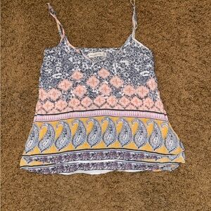 Patterned Women's Top with Blue and Yellow Accents